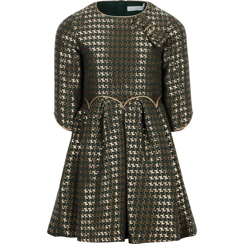 Abel & Lula Houndstooth pattern dress in green and golden 1