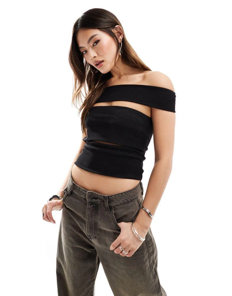 ASOS ASOS DESIGN bardot top with slash cut out detail in black 1