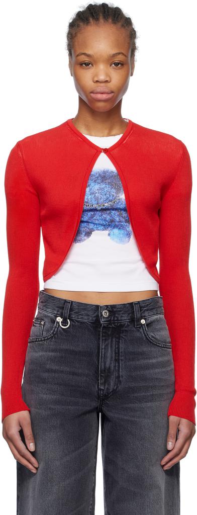 We11done Red Ribbed Tight Knit Cardigan