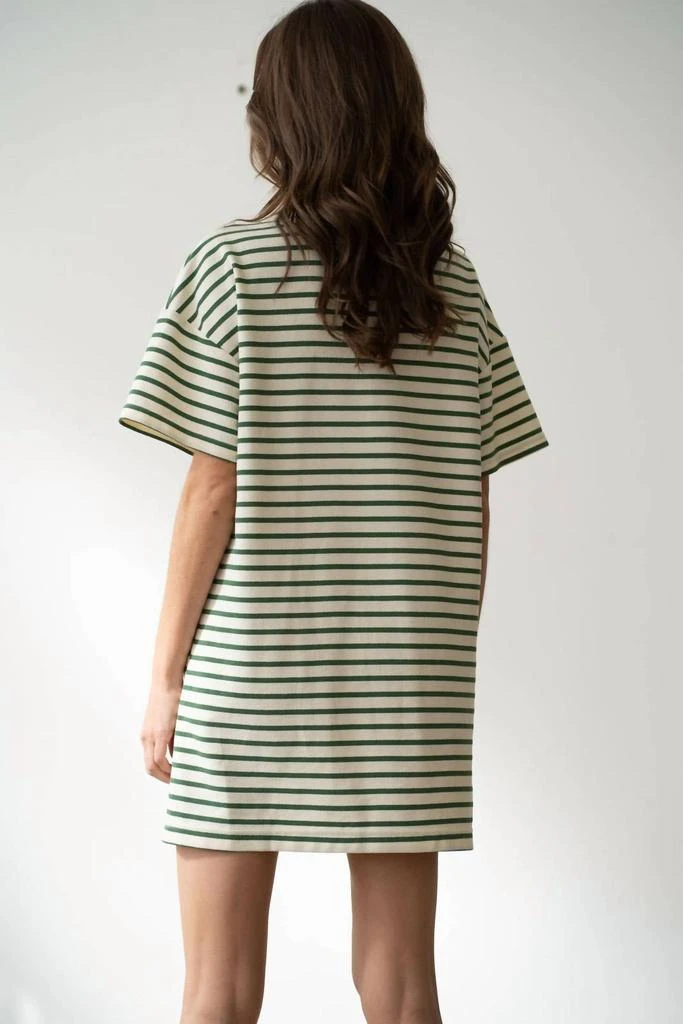 green striped dresses Green Stripe Double Ruffled Short Sleeve Contrast Trim V Neck Midi Dre