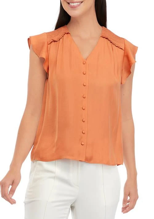 Tahari Tahari Womens Short Sleeve Airflow V Neck Button Down Top With Smock Yoke 1