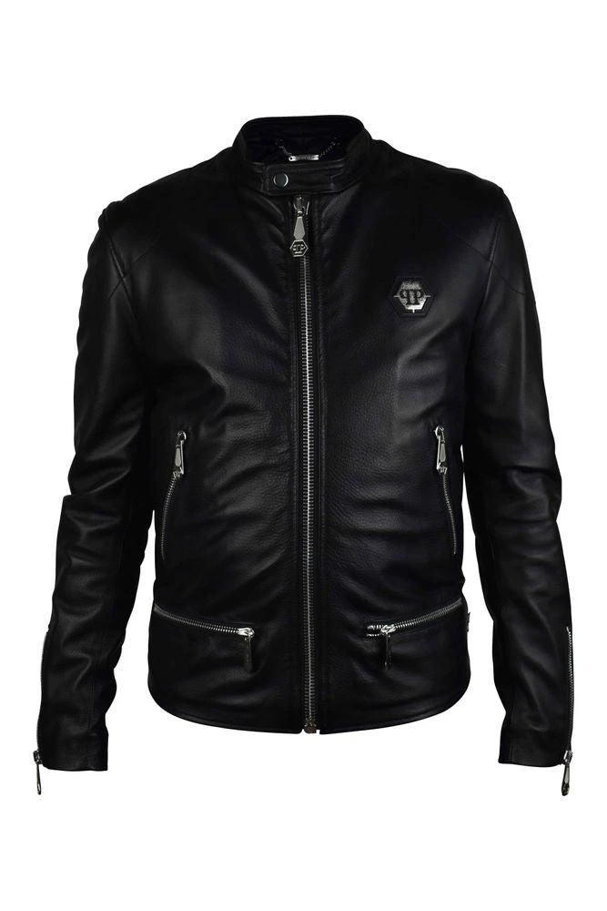 Philipp Plein Black Grained Leather Biker Jacket