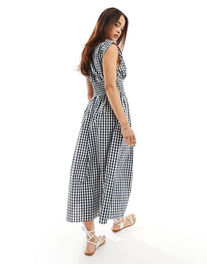 Y.A.S. YAS shirred waist v neck midi dress in navy gingham - MULTI 3