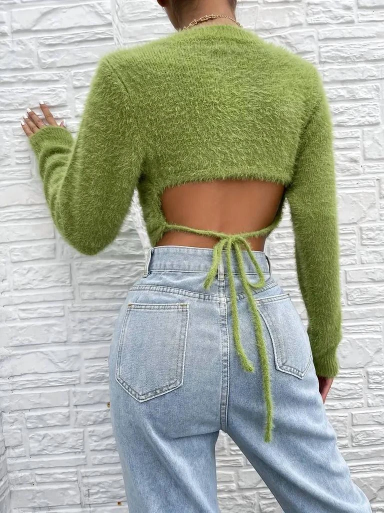 Miss Sparkling Fuzzy Open Back Sweater In Green 4