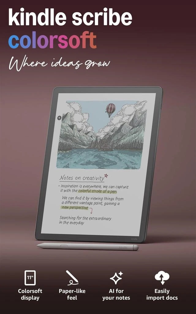 Amazon Amazon Kindle Scribe Colorsoft 32GB (newest model) — 11” paper-like color display with front light — Thin, light, powerful — Write in notebooks, documents, and books. Includes Premium Pen - Graphite