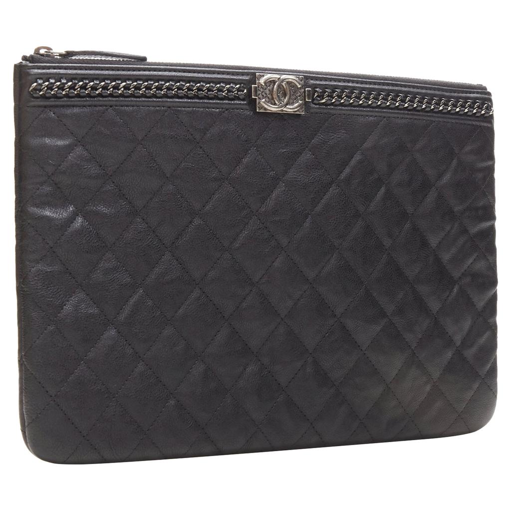 Chanel large boy o case quilted leather chain trim t pouch clutch bag