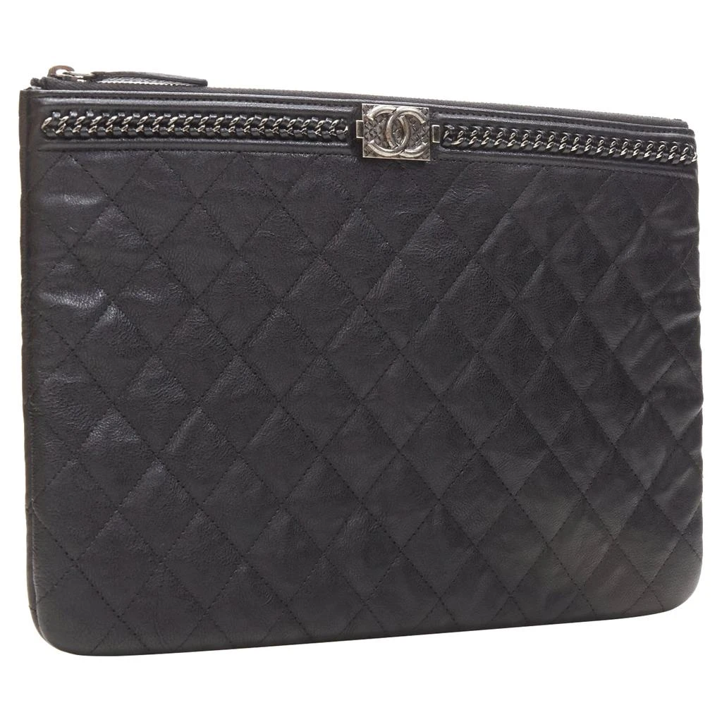 Chanel large boy o case quilted leather chain trim t pouch clutch bag 2