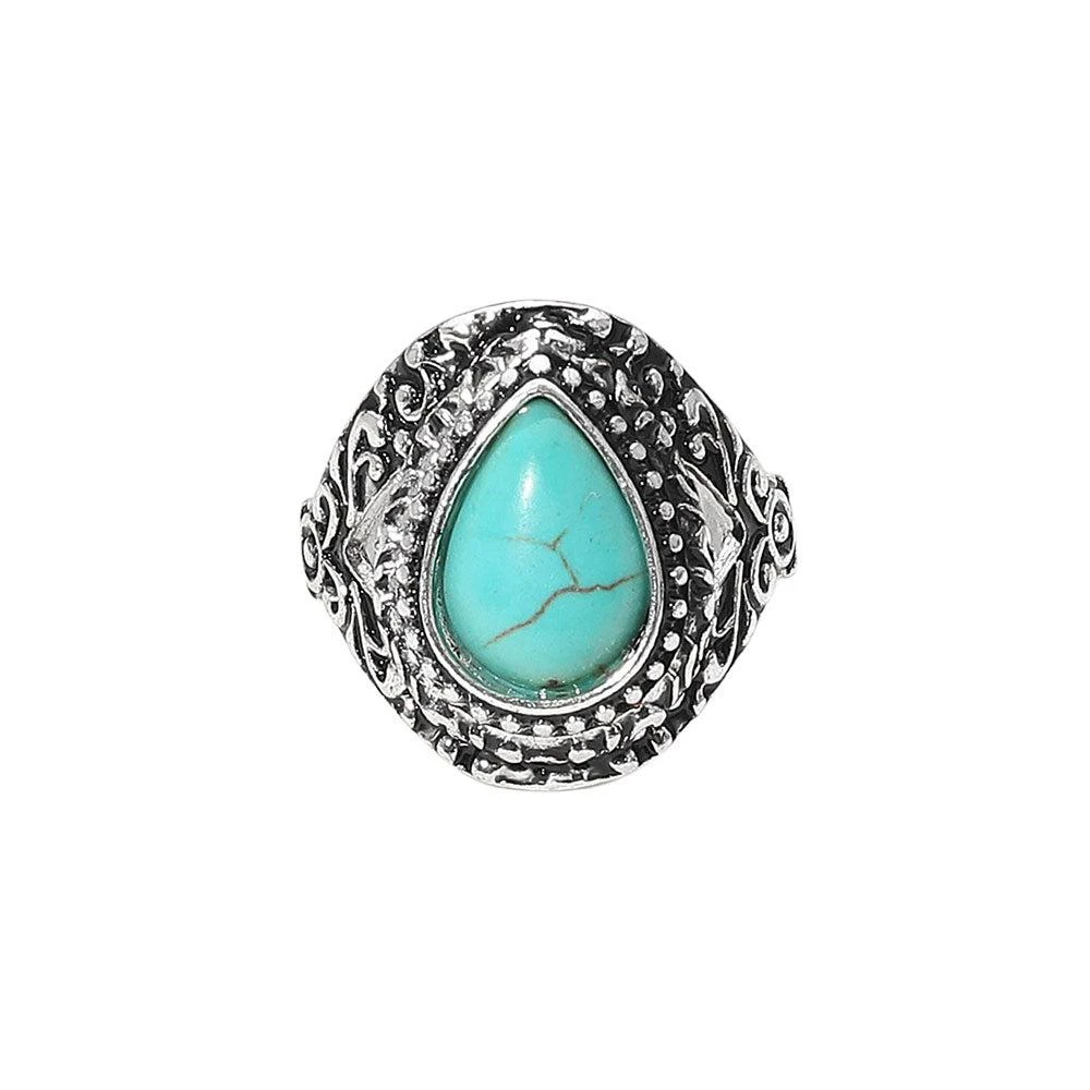 FASHNZFAB Western Vintage Intricate Detailing Teardrop Stone Statement Stretch Ring 4
