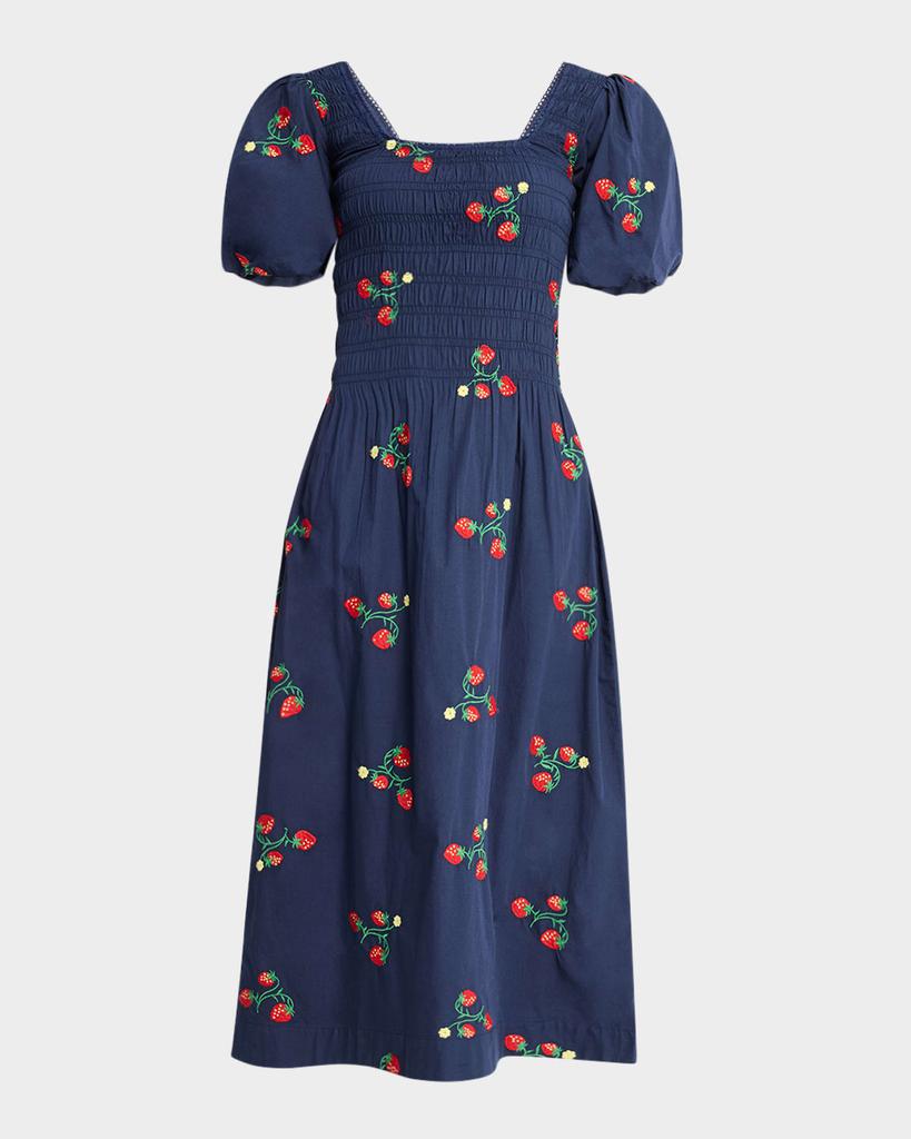 Damson Madder Lauren Strawberry Puff-Sleeve Midi Dress