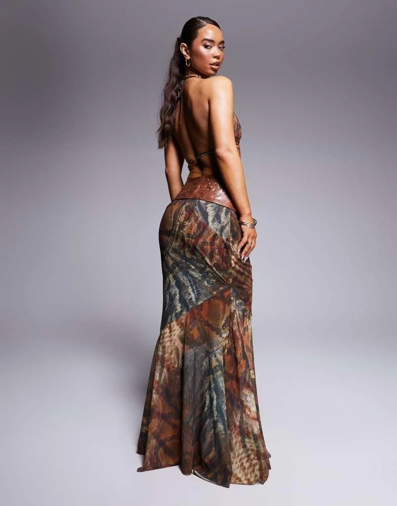 Murci Murci exclusive halterneck deep plunge maxi dress with leather look belt in snake print 4