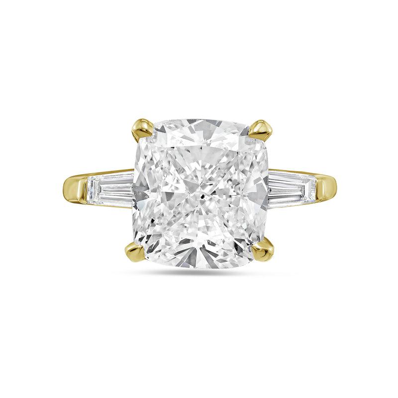 Diana M. 18kt yellow gold lab grown cushion cut and baguette engagement ring featuring 3 ct center and 0.50 cts on the sides