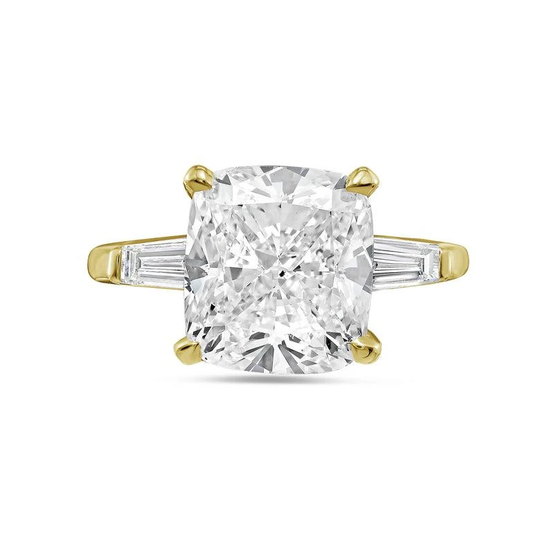 Diana M. 18kt yellow gold lab grown cushion cut and baguette engagement ring featuring 3 ct center and 0.50 cts on the sides 1