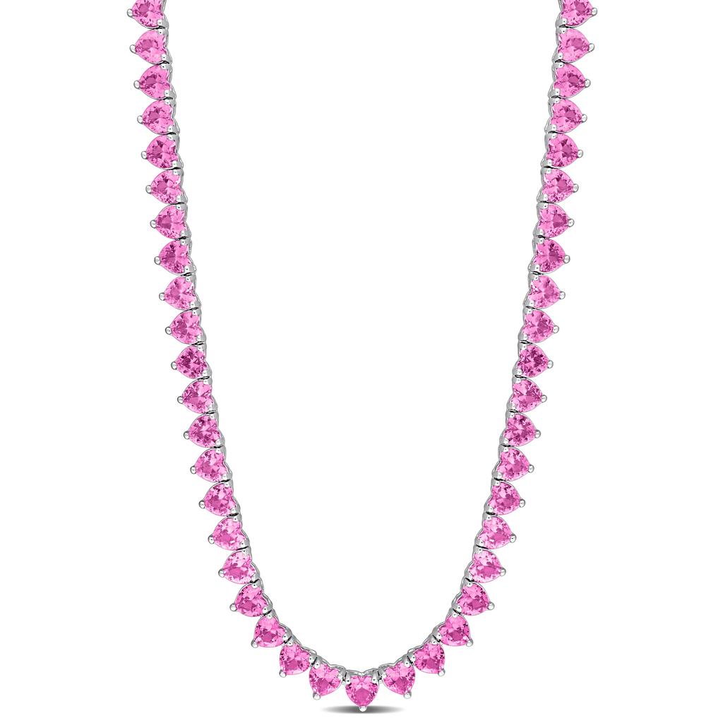 Mimi & Max Mimi & Max 31-1/5ct TGW Heart-Cut Created Pink Sapphire Tennis Necklace in Sterling Silver - 18 in.