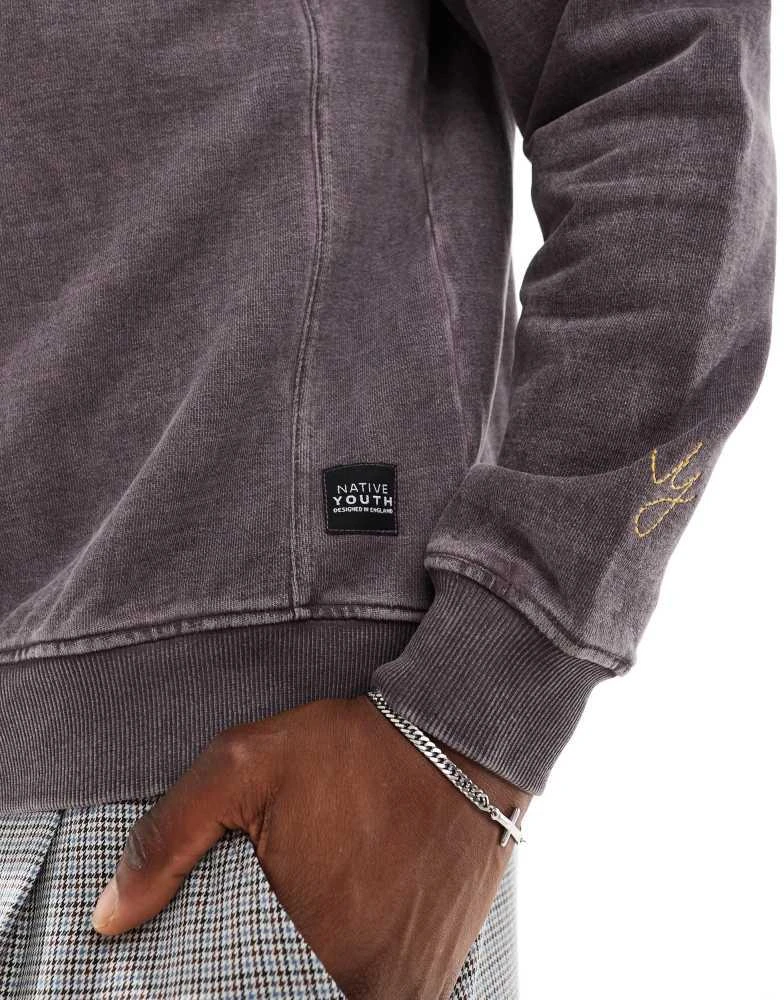 Native Youth Native Youth heavy wash quarter zip sweatshirt in brown 3