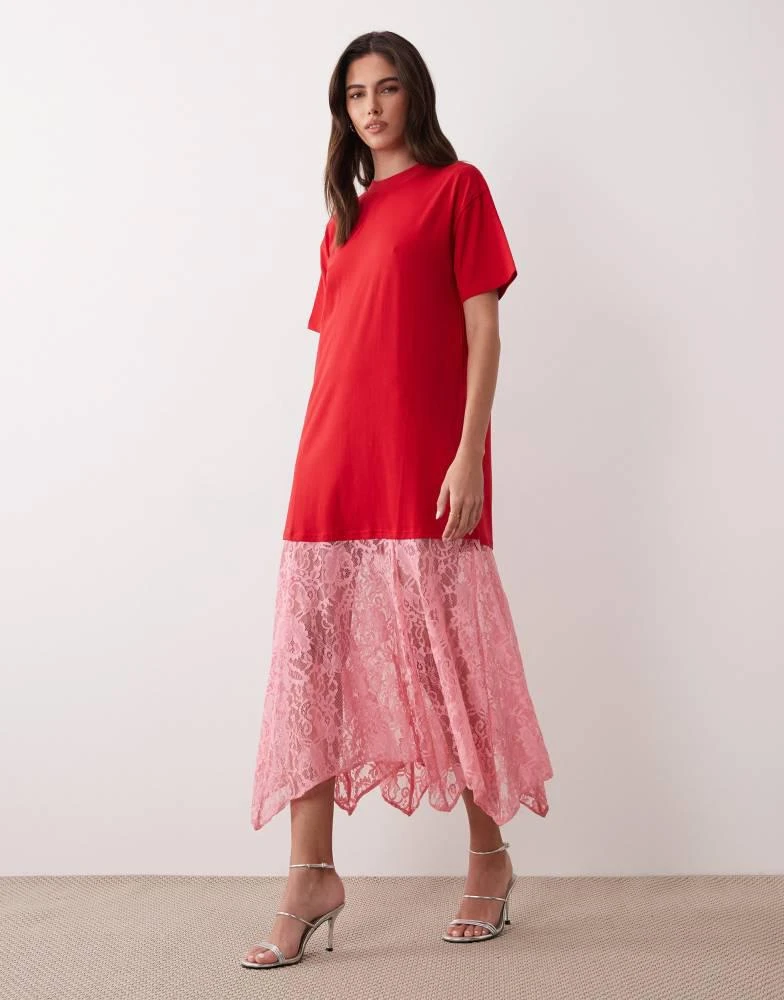 Never Fully Dressed Never Fully Dressed oversized jersey t-shirt lace skirt maxi dress in red and pink 3