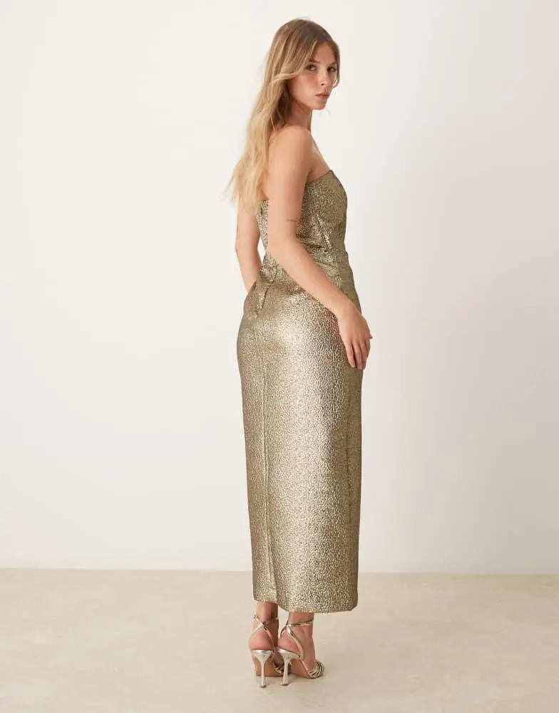 Abercrombie & Fitch strapless midi dress in gold metallic Abercrombie & Fitch strapless midi dress in gold metallic