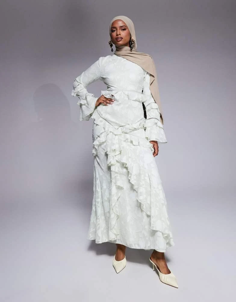 ASOS Design jacquard ruffle long sleeve maxi dress in sage green ASOS Design jacquard ruffle long sleeve maxi dress in sage green