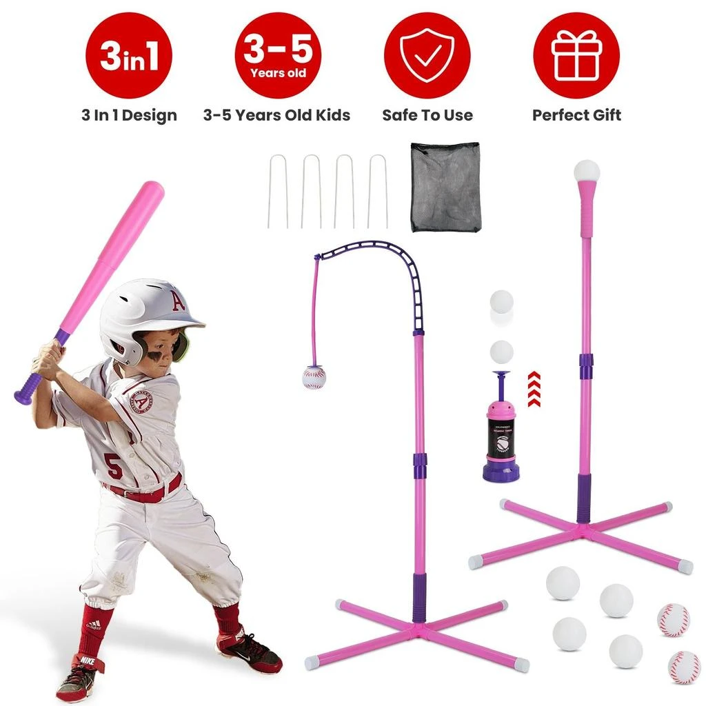 TRIPLE T 3-In-1 Baseball Toy Set For 3-5Years Old Kids And Toddlers Includes Tee Ball Stand Hanging Tee Automatic Ball Launcher with Adjustable Height For Indoor Outdoor Play Perfect Gift