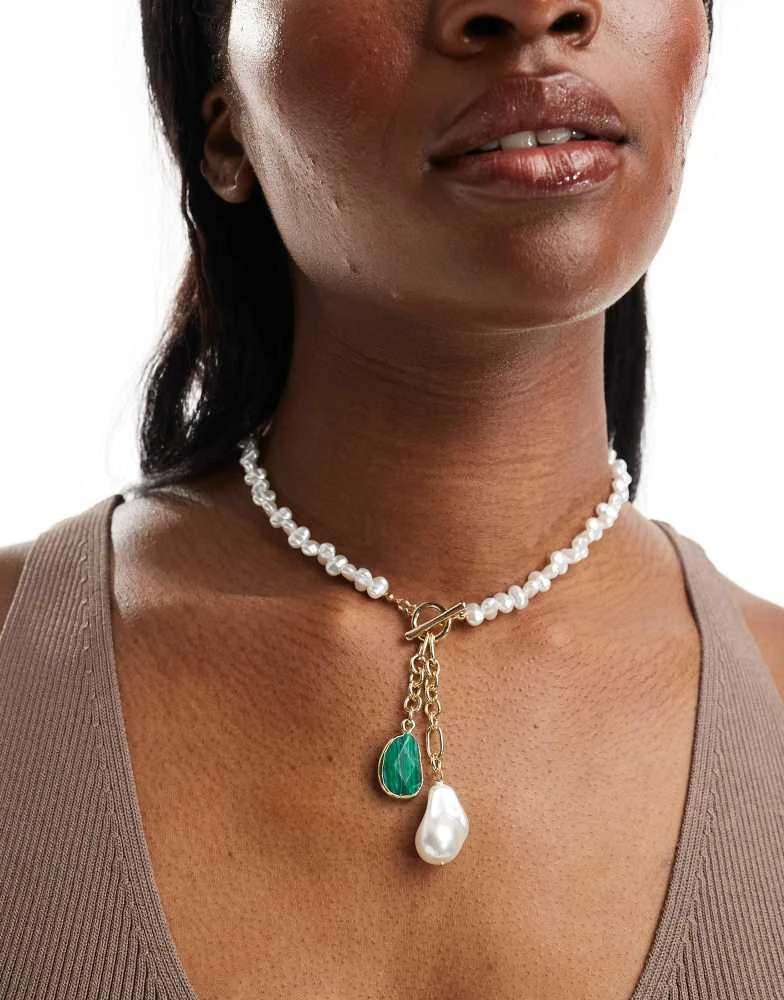 ASOS ASOS DESIGN necklace with faux freshwater pearl and malachite style charm in gold tone 1
