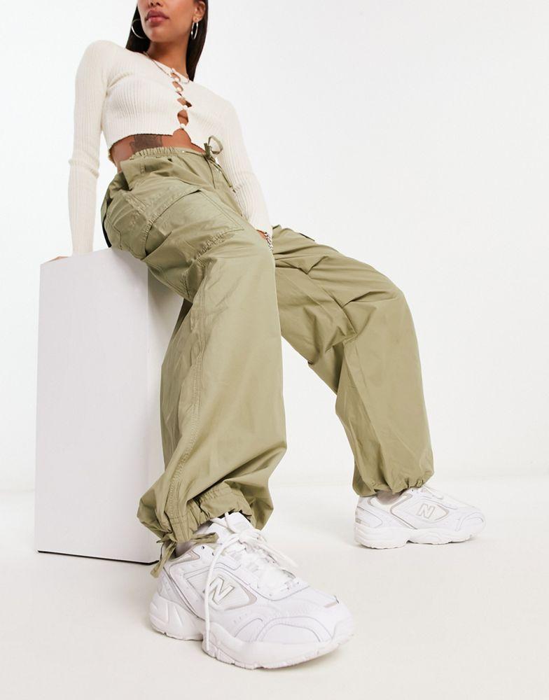 Bershka Bershka tie waist nylon cargo parachute trousers in khaki