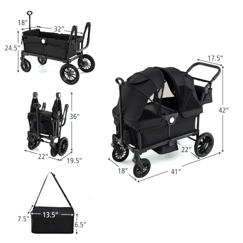 Hivvago Dual Seat Foldable Kids Wagon Stroller with Convertible Push and Pull Adjustable Handlebar 3