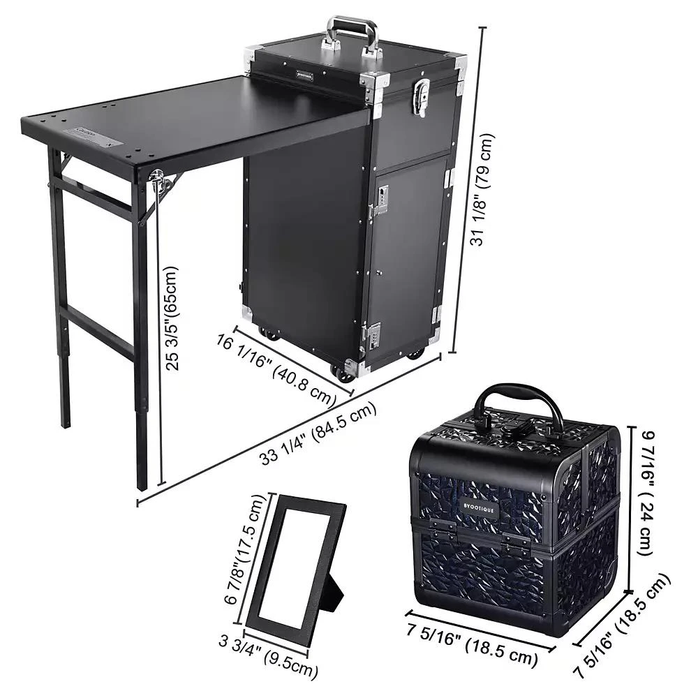 Byootique Aluminum Rolling Nail Table with Train Case Cosmetic Organizer Black 9