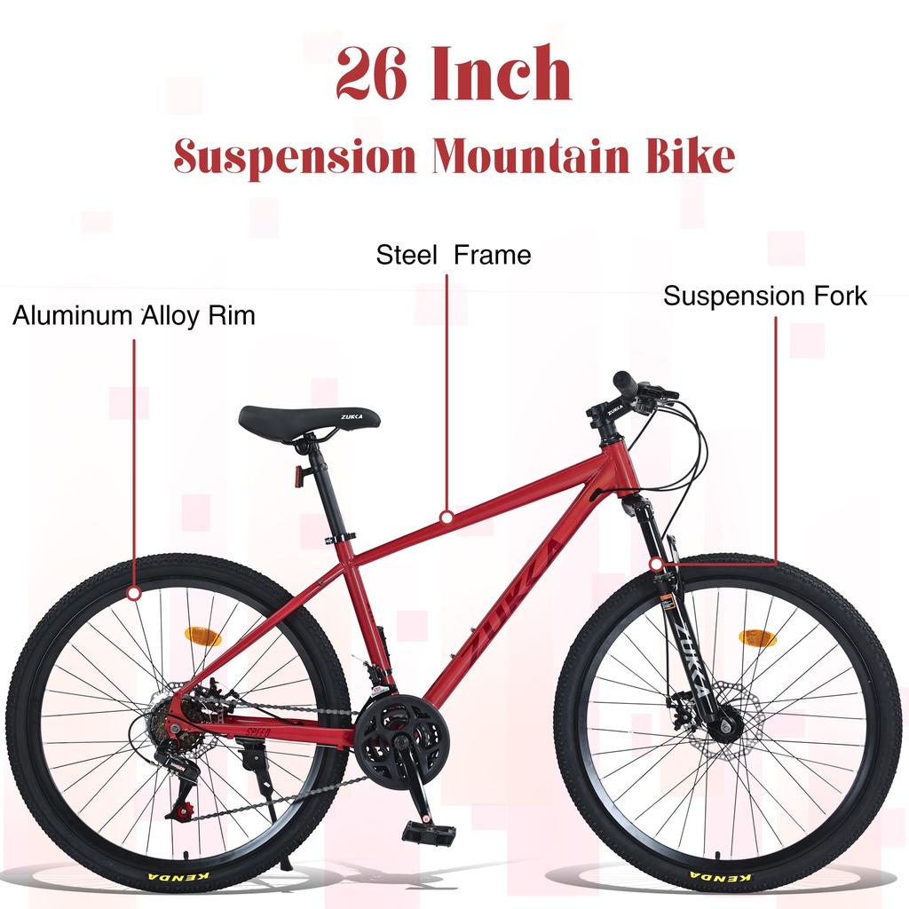 Streamdale Furniture Streamdale Mountain Bike for Men and Women 26 inch 24 Speed Suspension Fork KENDA Tires