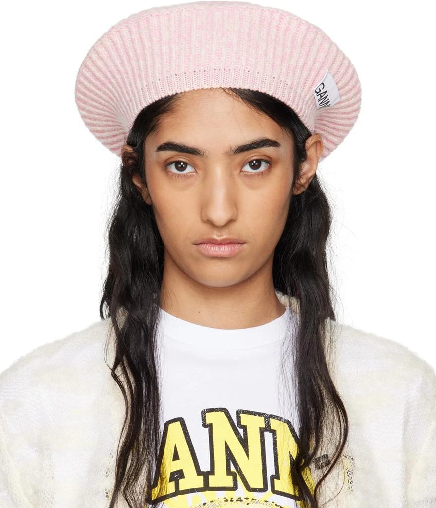 Ganni Pink Wool Rib Knit Beret 1