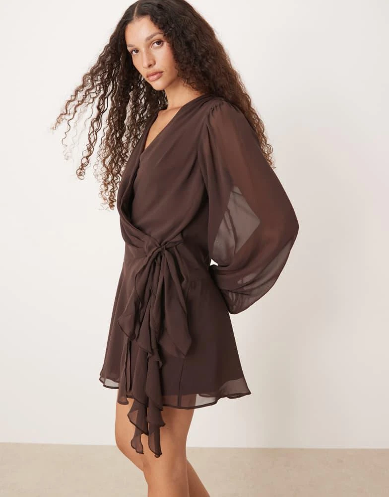 Abercrombie & Fitch Women's Long Sleeve Plunge Neck Wrap Front Mini Dress - Brown - Mini dresses Abercrombie & Fitch Women's Long Sleeve Plunge Neck Wrap Front Mini Dress - Brown - Mini dresses