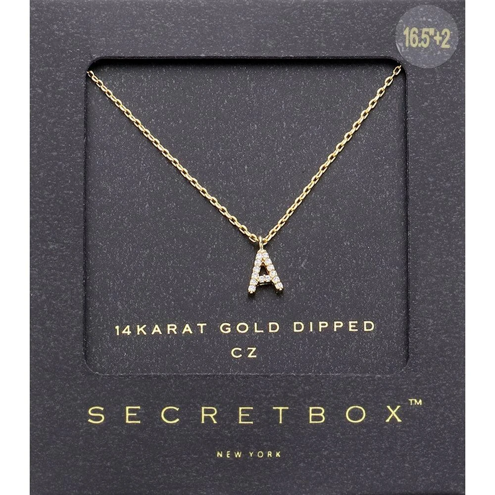 FASHNZFAB -A- Secret Box _ 14K Gold Dipped CZ Initial Monogram Pendant Necklace