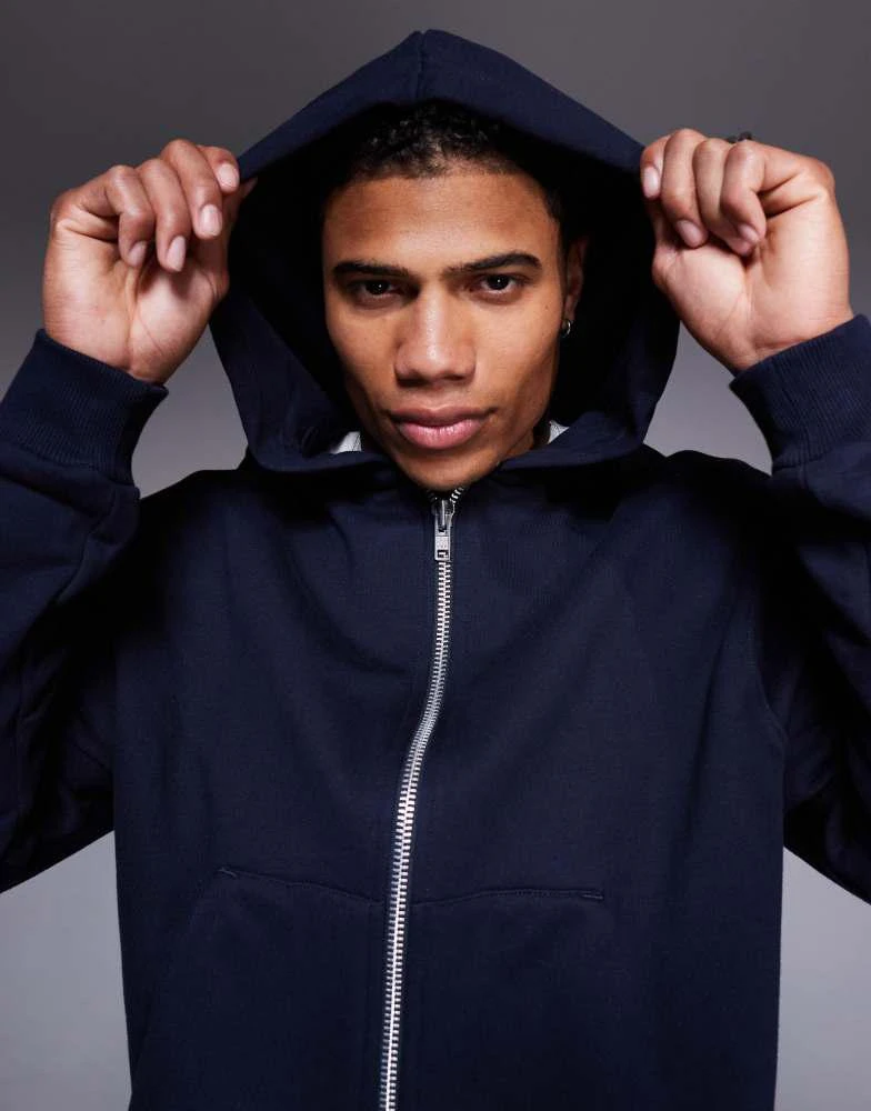 ASOS ASOS DESIGN premium heavyweight boxy cropped zip through hoodie 400gsm in navy 1