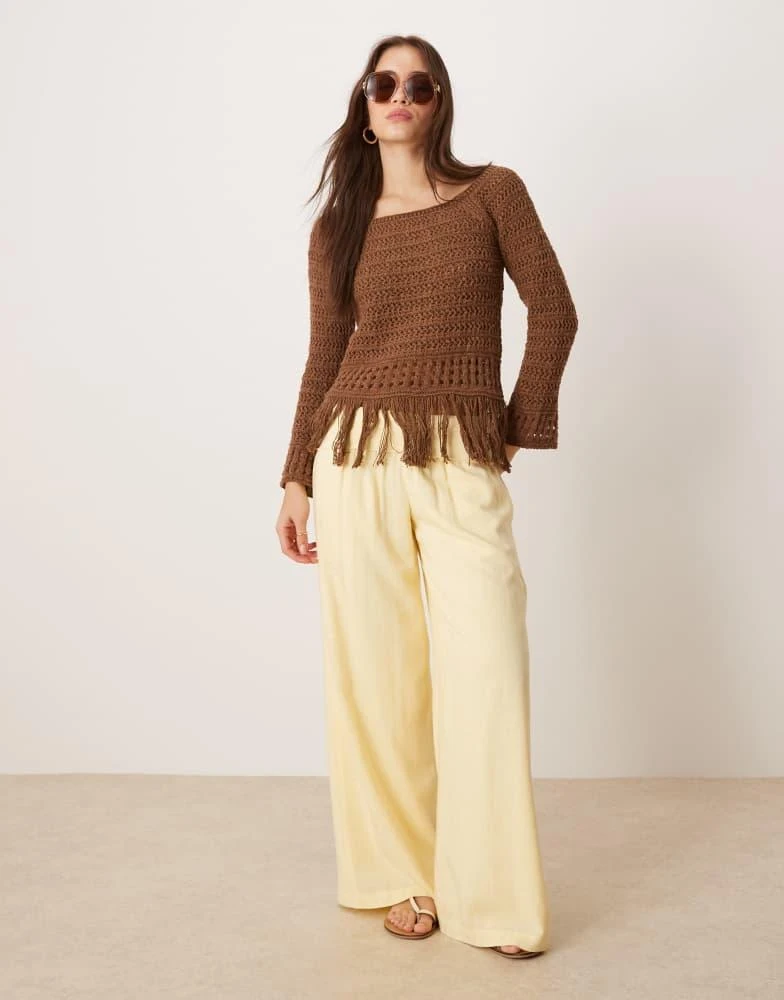 Shop ASOS DESIGN crochet look off shoulder jumper with fringe hem