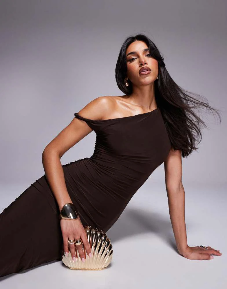 Kaiia Kaiia exclusive double layered slinky bodycon off shoulder twist strap maxi dress in chocolate brown 2