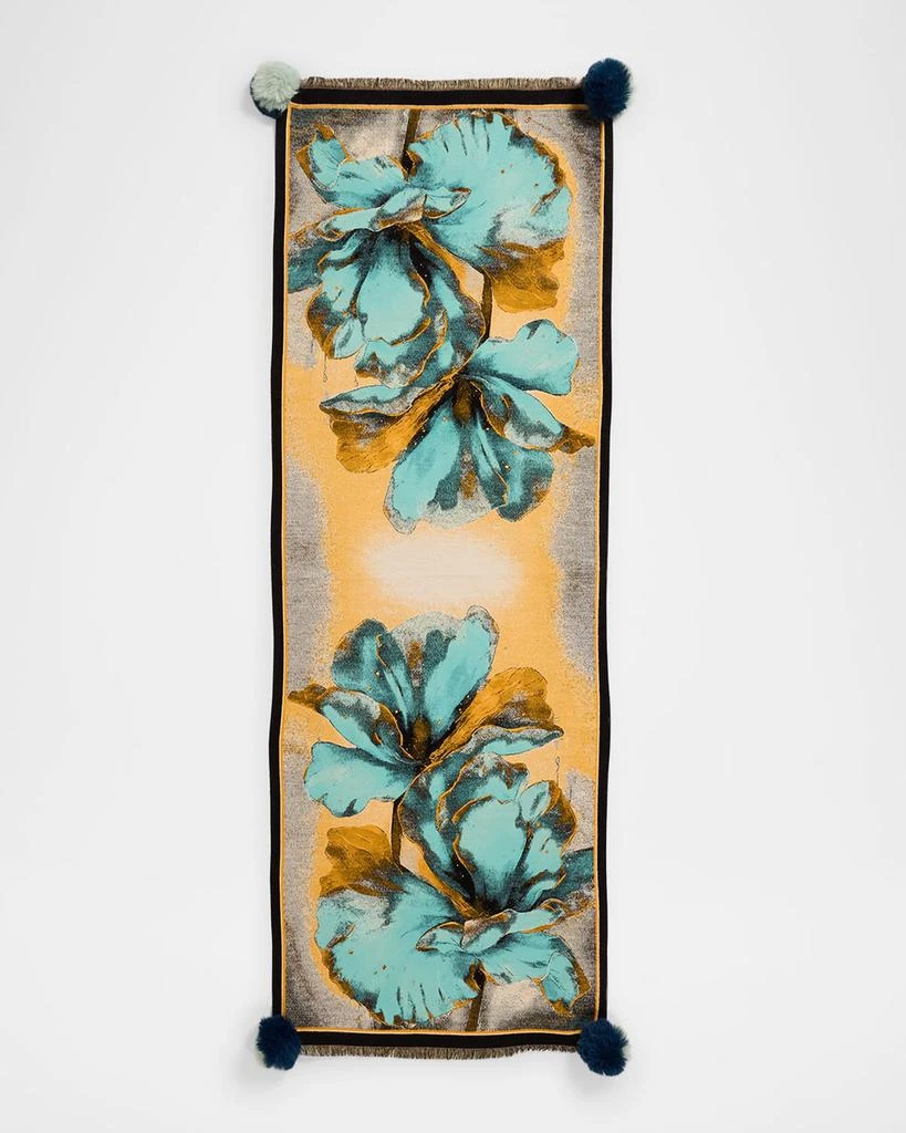 La Fiorentina Floral-Print Scarf W/ Faux Fur Poms 5