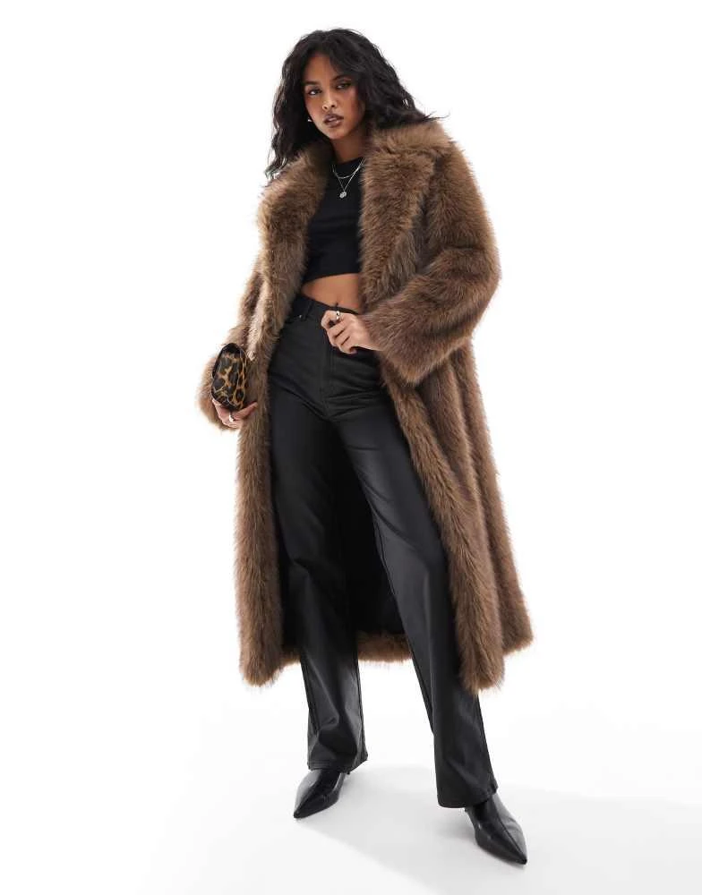 Stradivarius Stradivarius longline faux fur coat in brown 1