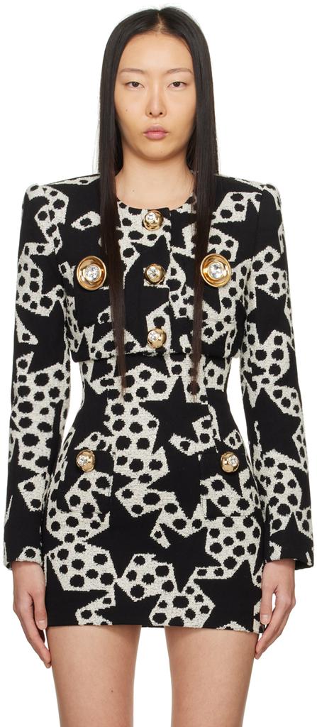 AREA Black & Off-White Crystal Medallion Blazer