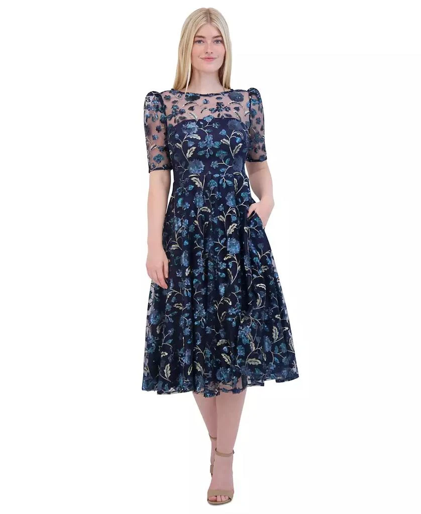 Eliza J Petite Boat-Neck Floral-Sequin Midi Dress 3