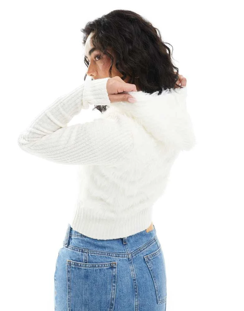 Monki Monki ribbed fluffy knitted two way zip hooded cardigan in off white 4