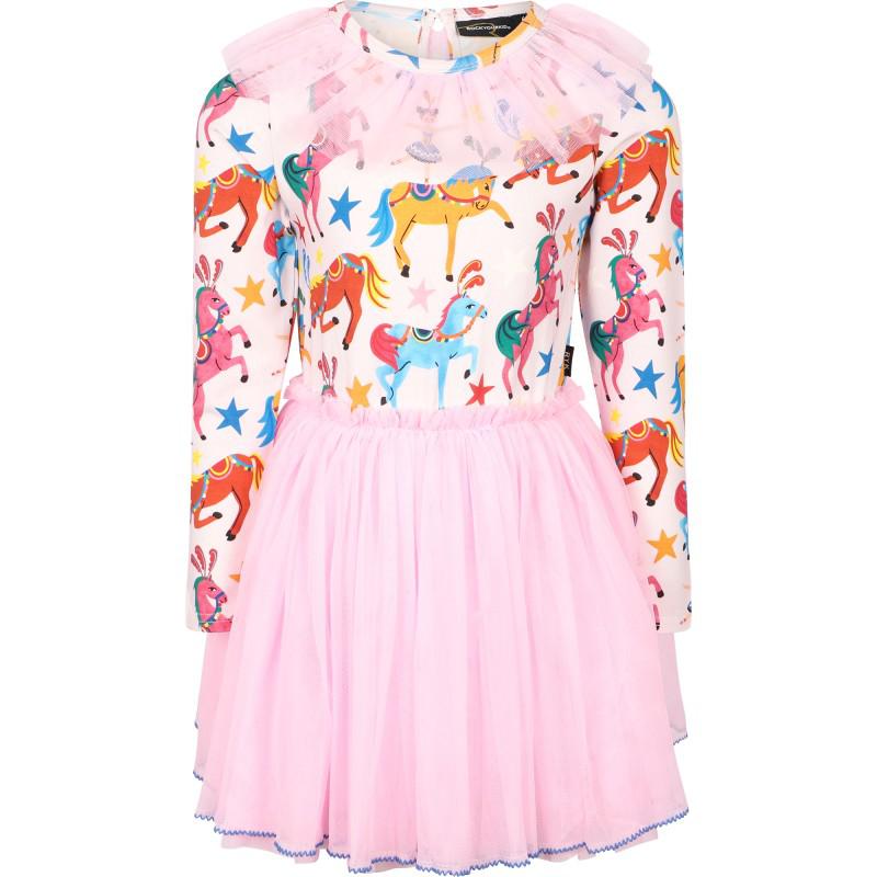 Rock Your Baby All over colorful ponys long sleeved dress with pink tulle bottoms