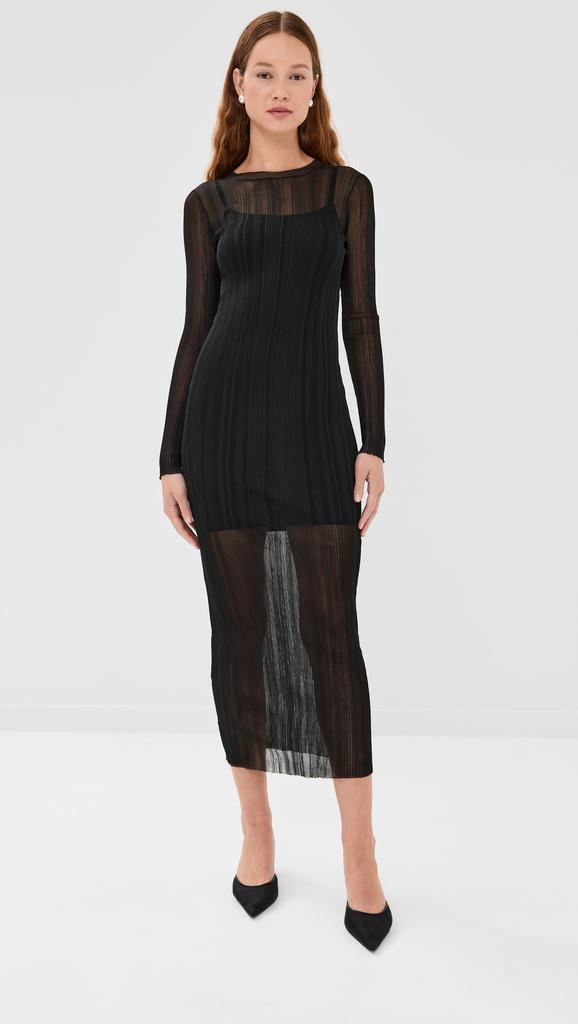 ROSETTA GETTY Sheer Plissé Long Sleeve Dress