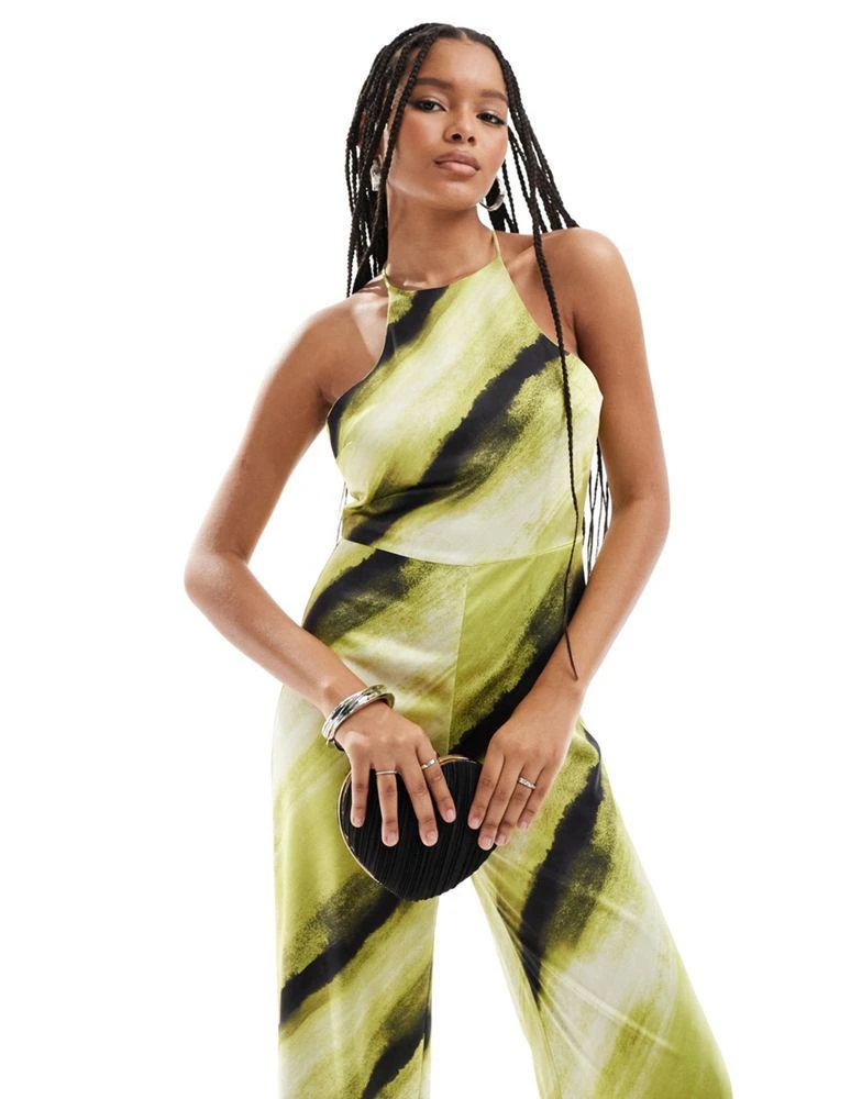 ASOS ASOS DESIGN satin racer wide leg jumpsuit in green abstract print 4