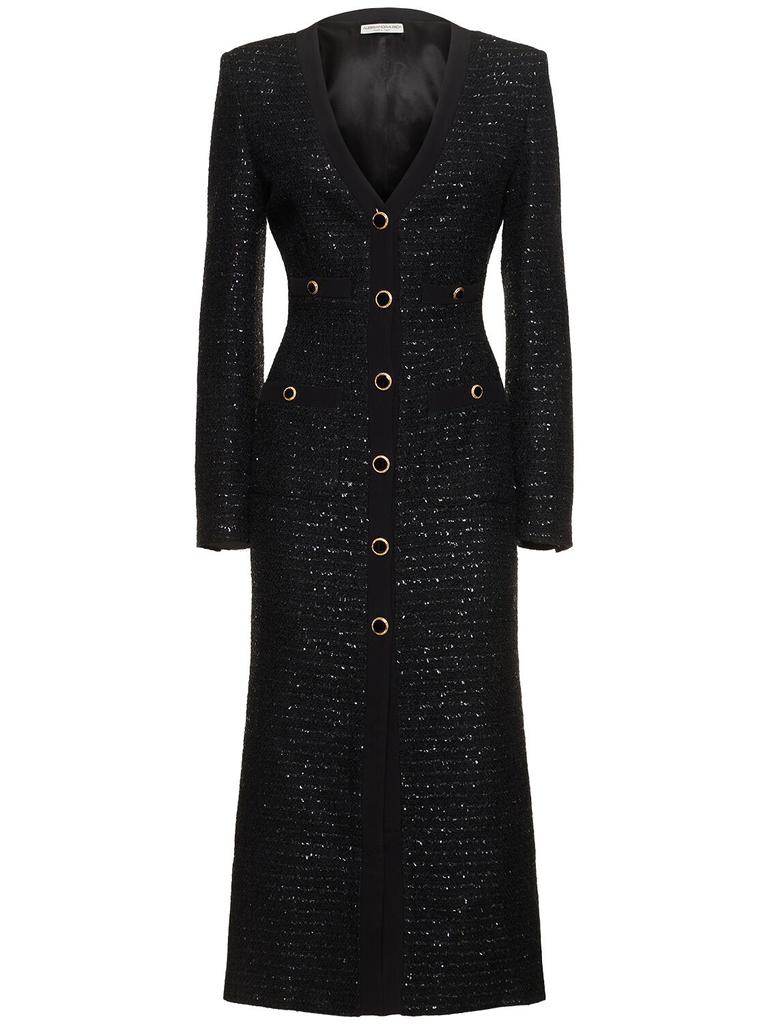 ALESSANDRA RICH Sequined V-neck Tweed Midi Dress