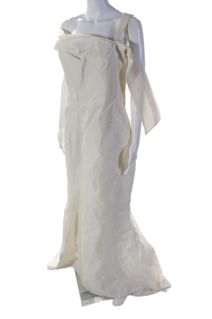J. Mendel Womens Cream Off Shoulder Fringe Detail Sleeveless Gown Dress