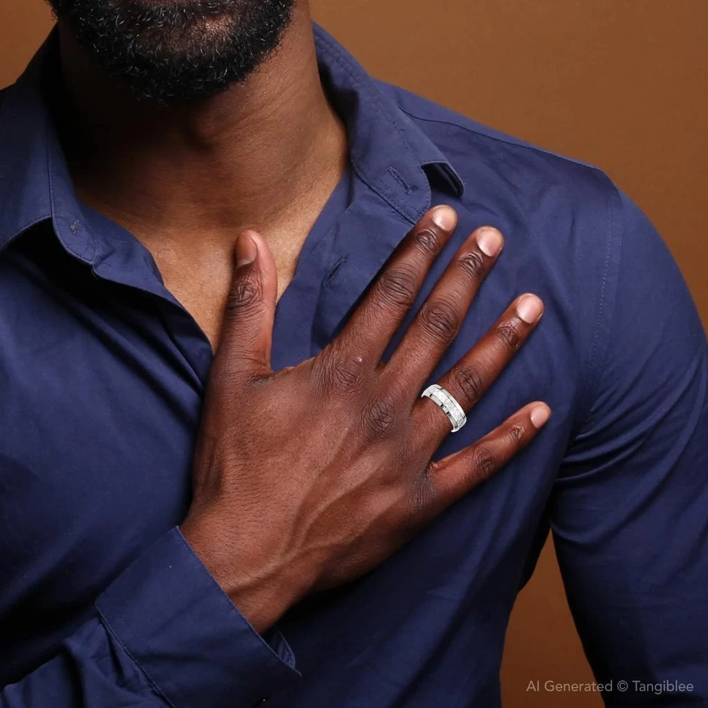 Pompeii3 Mens 14k White Gold Hammered Beveled Edge 7MM Wedding Band Ring 3