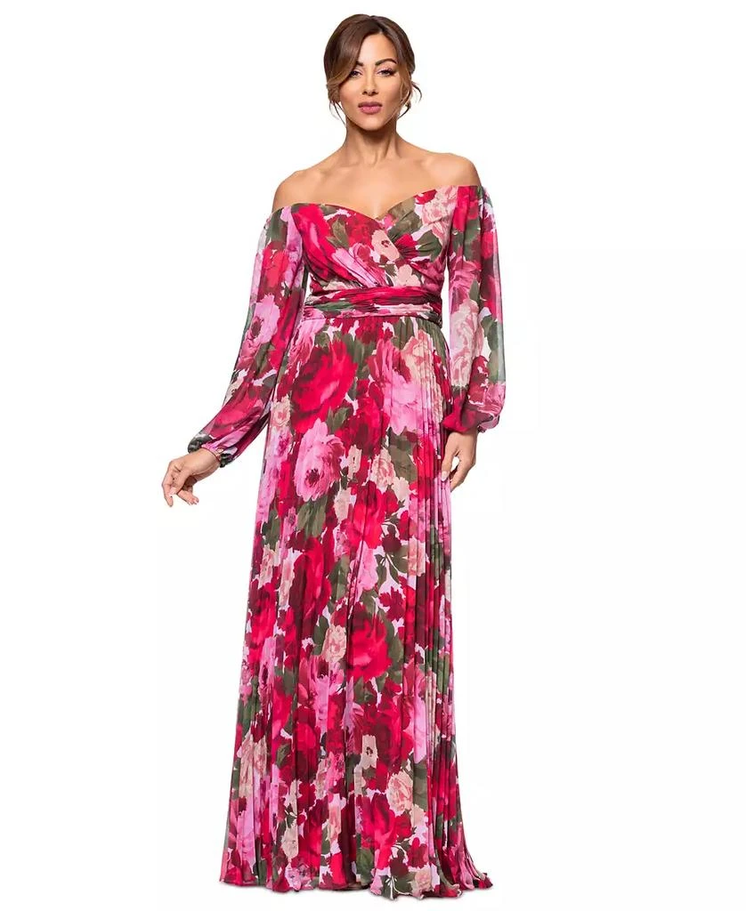 XSCAPE Petite Floral-Print Pleated Off-The-Shoulder Gown 1