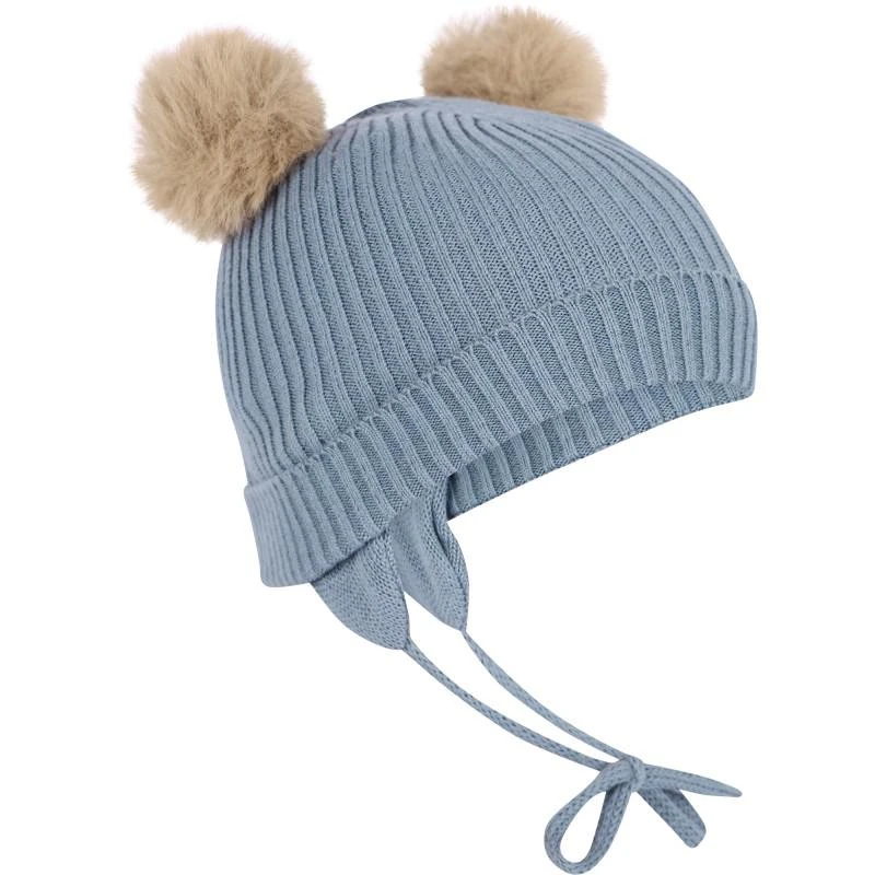 NAME IT® Pom poms ribbed winter hat and mitts set in dusty blue 2