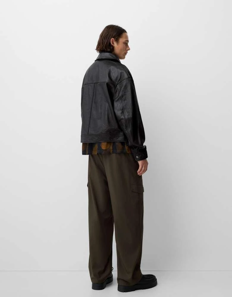Bershka Bershka Collection leather bomber jacket in black 3