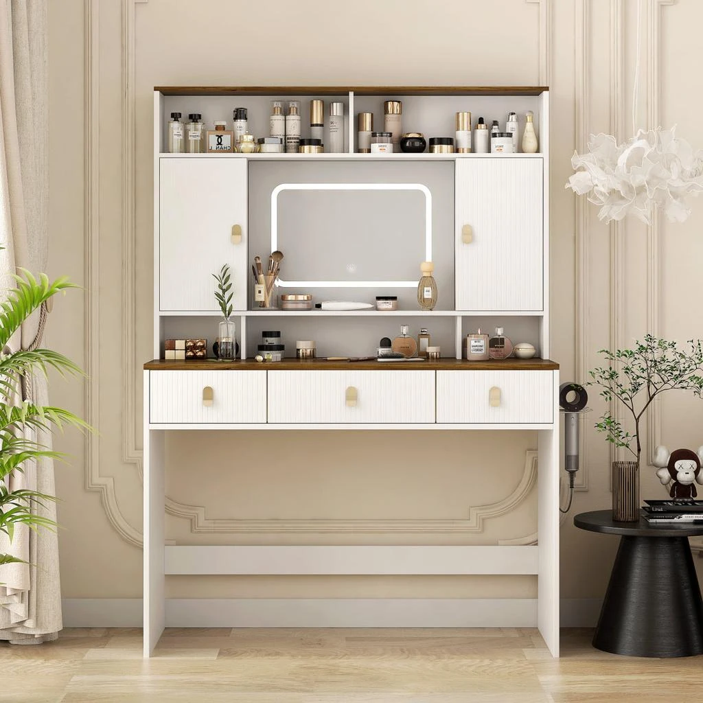 Streamdale Furniture Streamdale Farmhouse Dressing Table with Lighted Mirror and Drawer, White