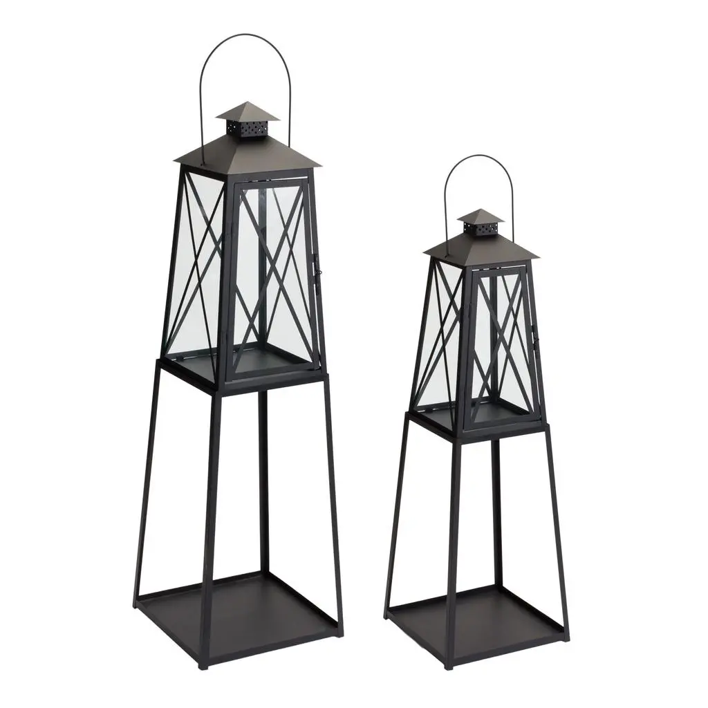 Hivvago Set of Two Black Iron Ornate Tabletop Lantern Candle Holders