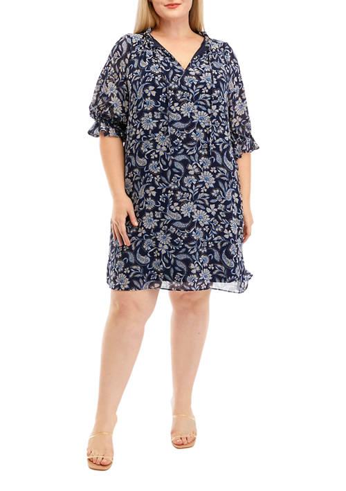 Jessica Howard Howard Plus Size Elbow Sleeve V Neck Printed A Line Dress